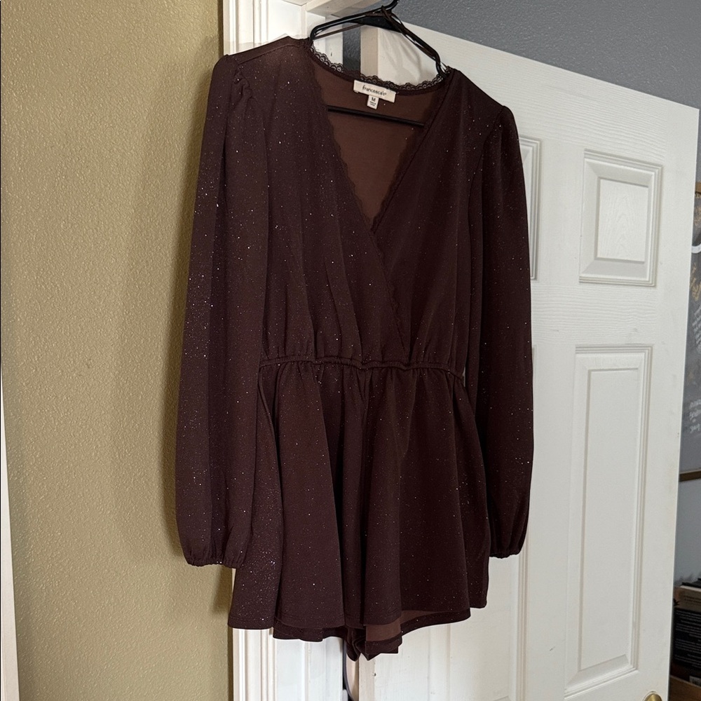 Francesca's Collections Lace-Trimmed Brown Romper